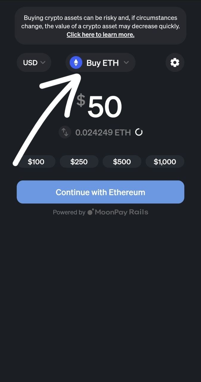 Tap Buy ETH to change coin